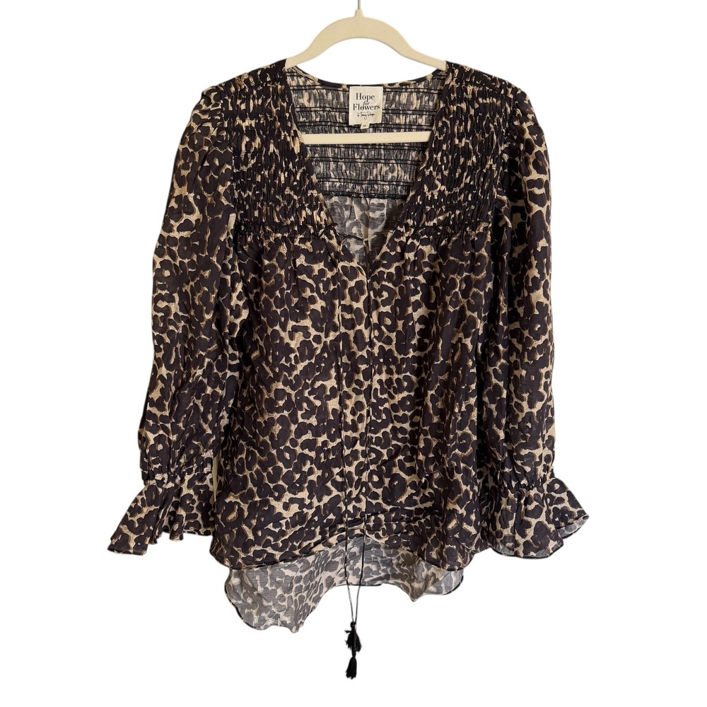 Hope for Flowers by Tracy Reese Leopard Print‎ Smocked Blouse Top Linen Blend